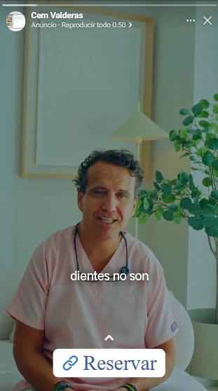 El doctor de CEM Valderas habla a cámara en la clínica, con subtítulos, en un anuncio de Instagram con botón «Reservar»